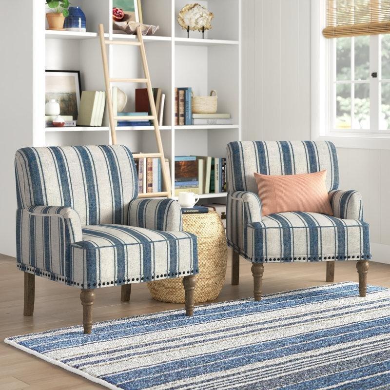 Çizgili Kumaş Masif Ahşap Ayaklı Zımba Detaylı 2li Set Tekli Koltuk - 202350