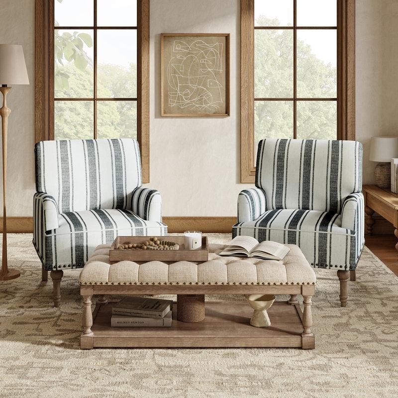 Çizgili Polyester Kumaş Zımba Detaylı Raflı Puflu Ahşap Koltuk Takımı - 192515