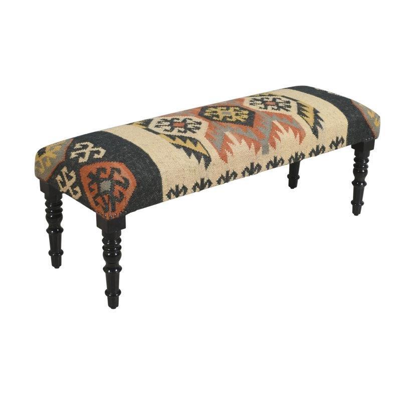 Çok Renkli Jüt ve Yün Döşemeli El Yapımı Geometrik Desenli Masif Ahşap Bench - 119 cm - 164308