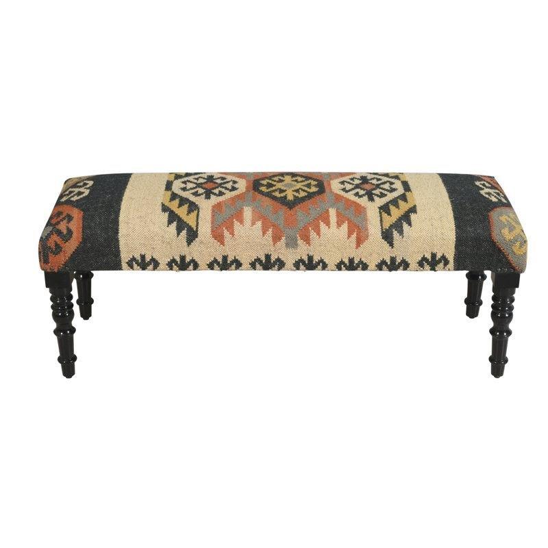 Çok Renkli Jüt ve Yün Döşemeli El Yapımı Geometrik Desenli Masif Ahşap Bench - 119 cm - 164308