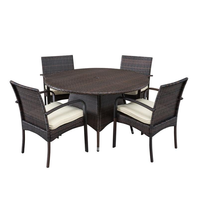 Çok Renkli Kahverengi Rattan Şemsiye Delikli Yuvarlak Masalı 4 Kişilik Bahçe Masa Takımı - 215377