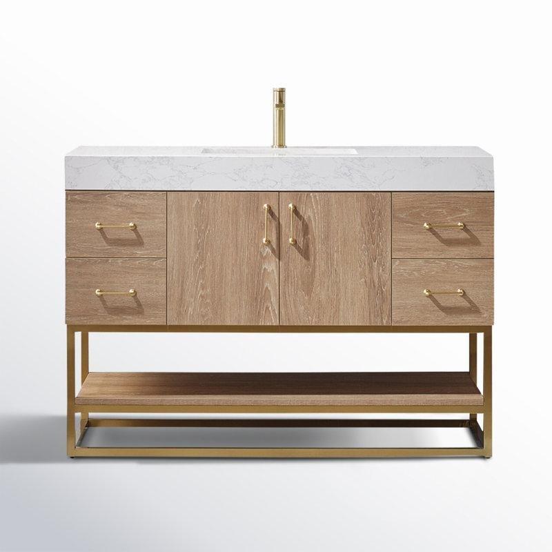Dahili Prizli İşlenmiş Taş Tezgahlı Meşe Çekmeceli Banyo Lavabo Dolabı - 122 cm - 197874
