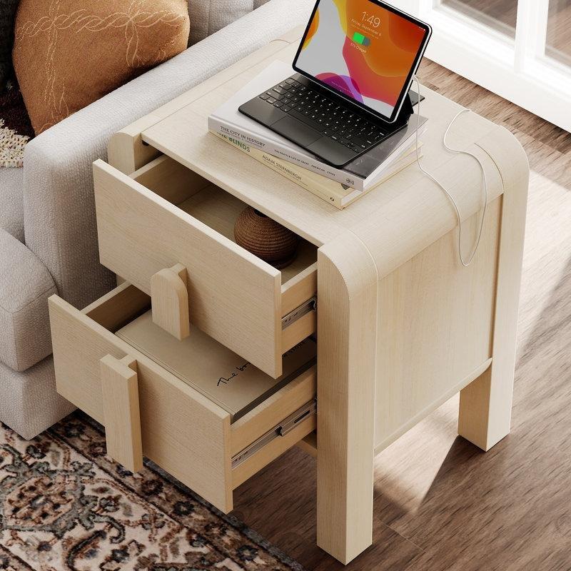 Dahili Prizli ve USB Şarjlı Kavisli Tasarım Masif Ahşap ve MDF İkili Komodin Seti - 50x40 cm - 224056