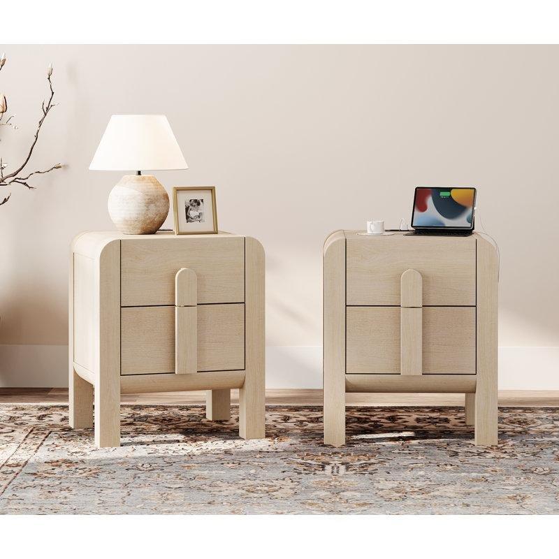 Dahili Prizli ve USB Şarjlı Kavisli Tasarım Masif Ahşap ve MDF İkili Komodin Seti - 50x40 cm - 224056