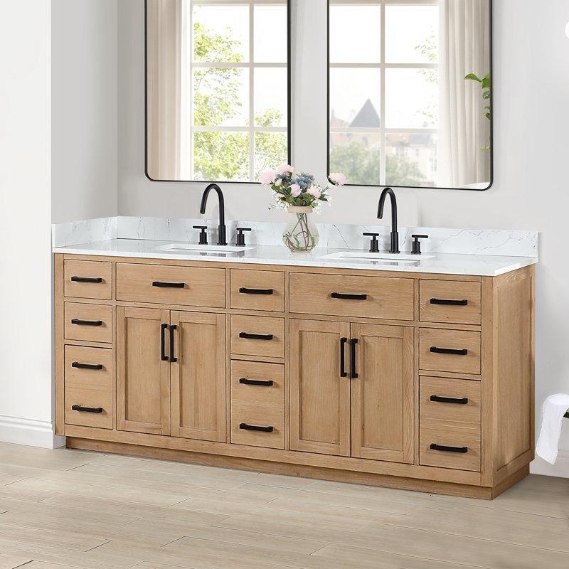 Damarlı Beyaz Endüstriyel Taş Tezgahlı Masif Ahşap Çekmeceli Ayaklı İkili Banyo Lavabo Dolabı - 214 cm - 201915