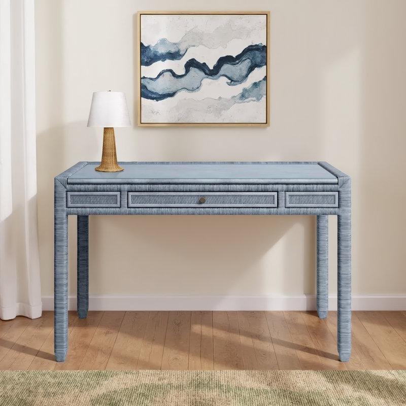 Deniz Camı Hasır ve Ahşap Çekmeceli Dikdörtgen Vintage Çalışma Masası - 122x72 cm - 234628