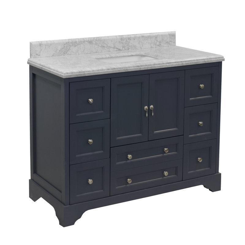 Deniz Grisi Carrara Mermer Tezgahlı Masif Ahşap 7 Çekmeceli Ayaklı Banyo Lavabo Dolabı - 122 cm - 201639