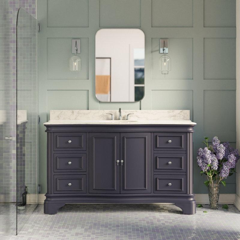 Deniz Grisi Carrara Mermer Tezgahlı Masif Ahşap Çekmeceli Banyo Lavabo Dolabı - 153 cm - 199218