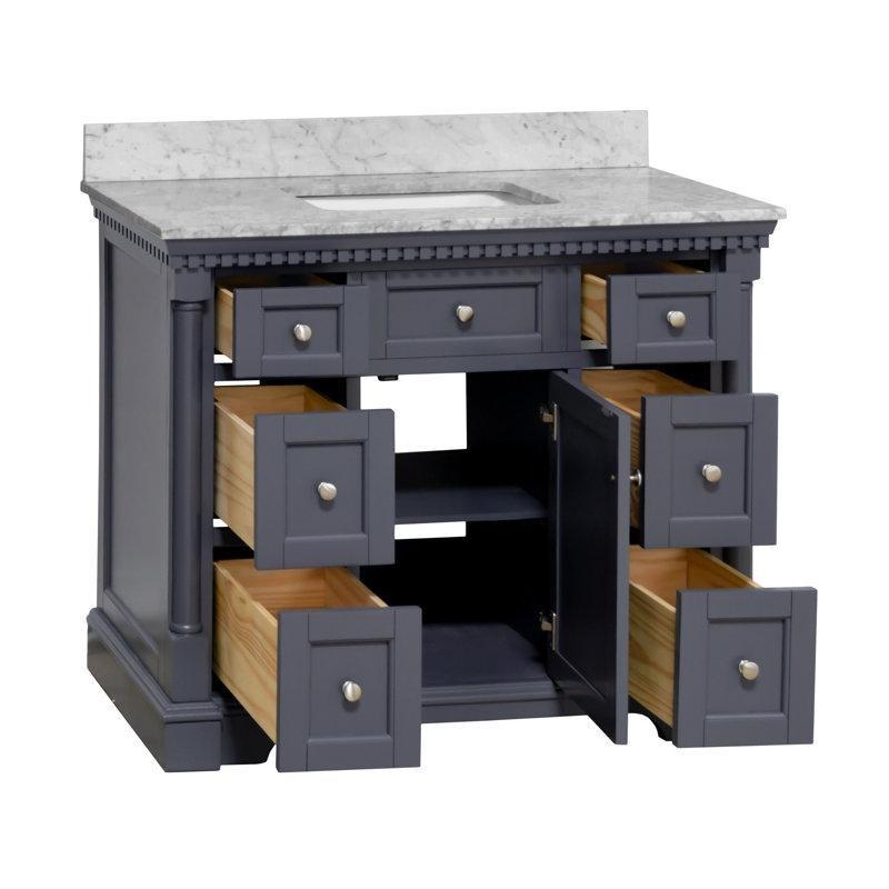 Deniz Grisi Masif Ahşap Carrara Mermer Tezgahlı Çekmeceli Ayaklı Banyo Lavabo Dolabı - 107 cm - 201090