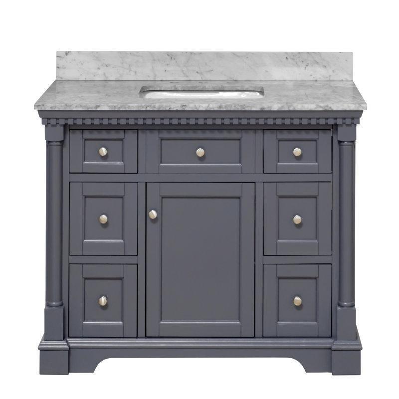 Deniz Grisi Masif Ahşap Carrara Mermer Tezgahlı Çekmeceli Ayaklı Banyo Lavabo Dolabı - 107 cm - 201090