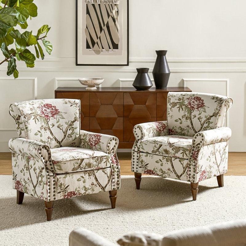 Desenli Kumaş Zımba Detaylı Masif Ahşap Tekli Koltuk 2li Set - 77 cm - 204407