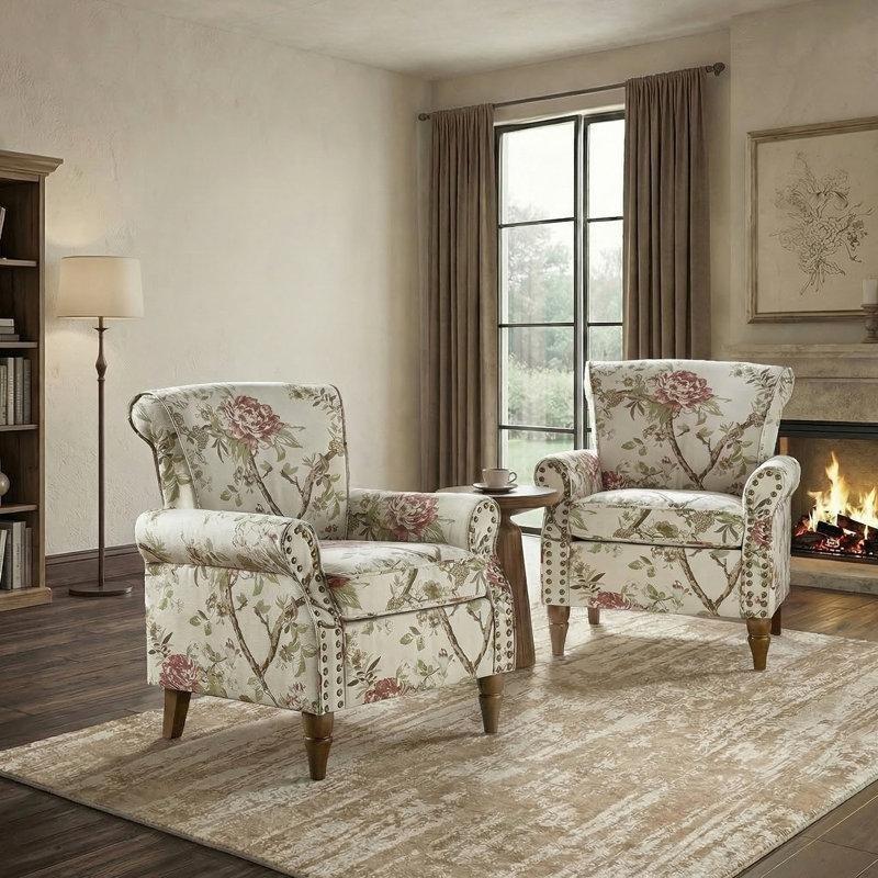 Desenli Kumaş Zımba Detaylı Masif Ahşap Tekli Koltuk 2li Set - 77 cm - 204407