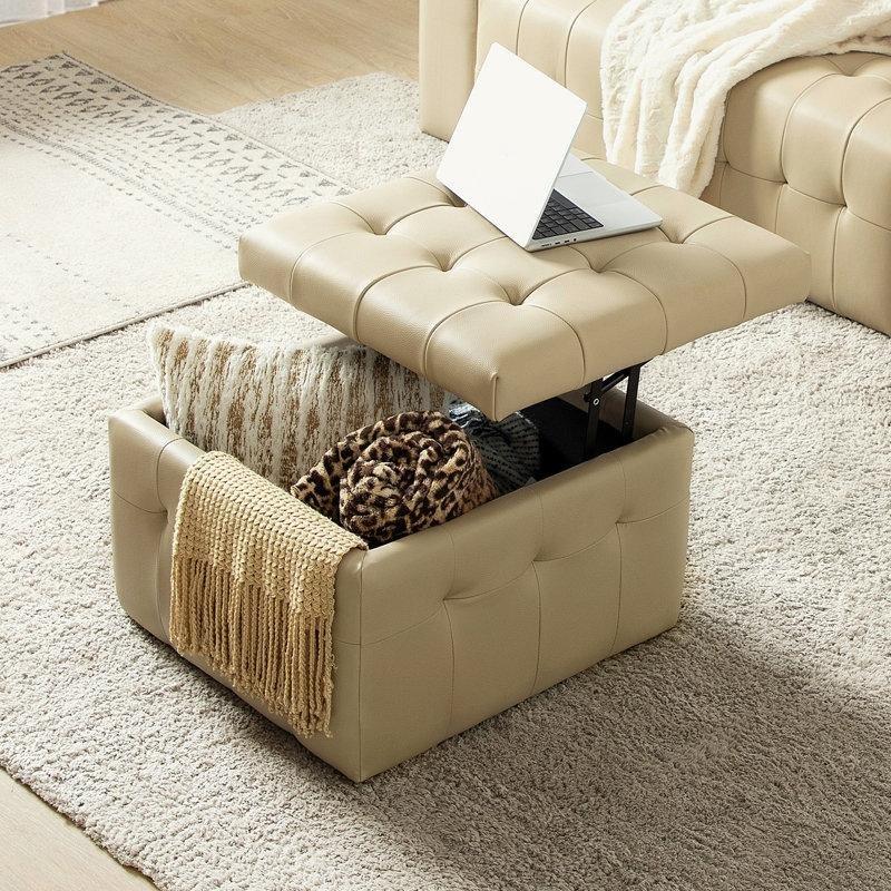 Deve Tüyü Hakiki Deri Kapitoneli Sandıklı Kalkar Kapaklı Puf - 82x61 cm - 165073