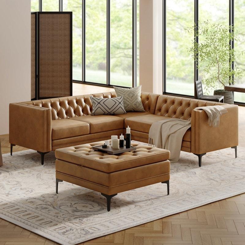Deve Tüyü Suni Deri Kapitoneli Saklama Alanlı Ahşap Ayaklı Koltuk Takımı - 229x229 cm - 191517