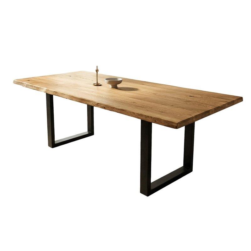 Doğal Ağaç Kenarlı Masif Yabani Meşe ve Siyah Metal U Ayaklı Bohem Yemek Masası - 160x90 cm - 236781
