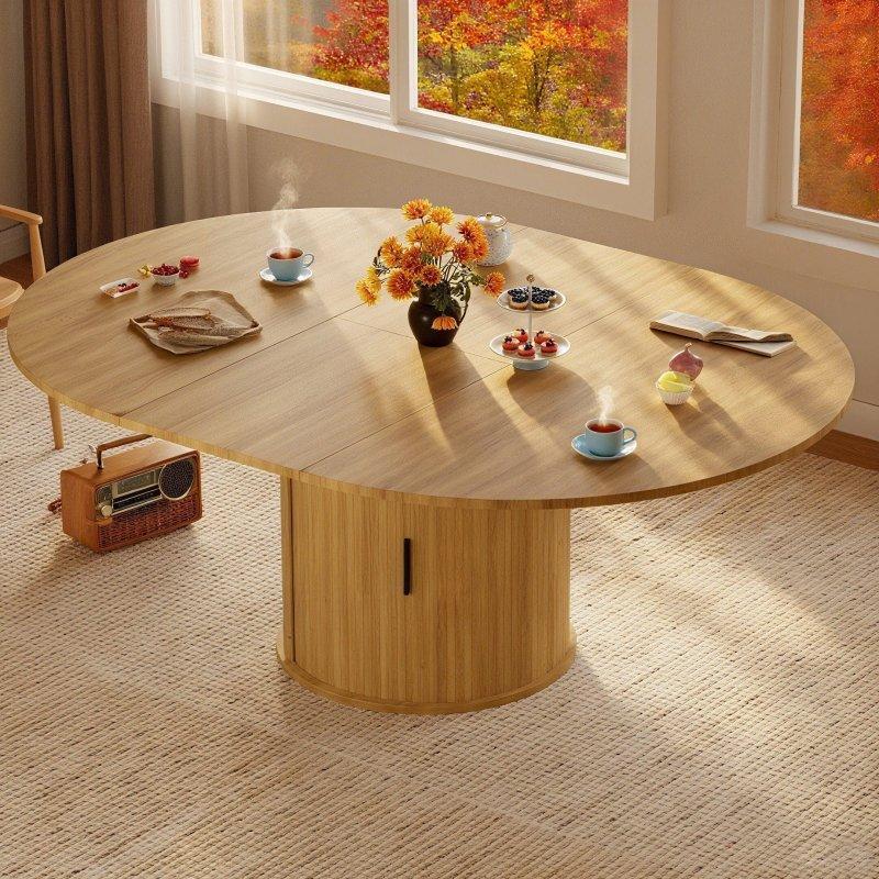 Doğal Ahşap Açılabilir Saklama Alanlı Yuvarlak Kaide Ayaklı Bohem Yemek Masası - 150x110 cm - 235911