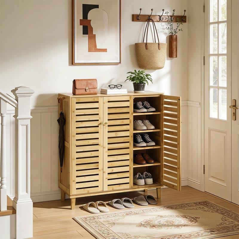 Doğal Ahşap Bambu ve MDF 5 Raflı Panjurlu Kapaklı Yan Askılı Ayakkabılık - 91 cm - 228507
