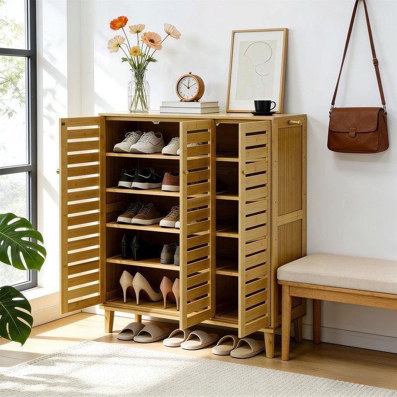 Doğal Ahşap Bambu ve MDF 5 Raflı Panjurlu Kapaklı Yan Askılı Ayakkabılık - 91 cm - 228507