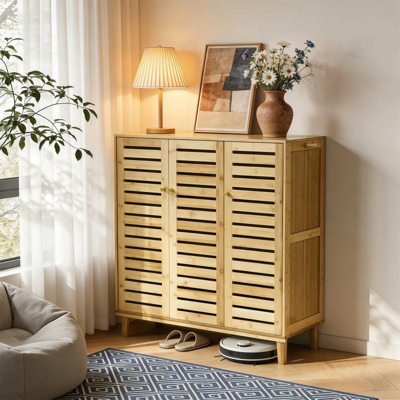 Doğal Ahşap Bambu ve MDF 5 Raflı Panjurlu Kapaklı Yan Askılı Ayakkabılık - 91 cm - 228507