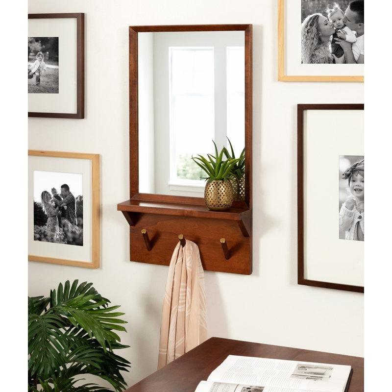 Doğal Ahşap Gold Detaylı Aynalı Askılı Duvar Rafı - 61x61 cm - 178899