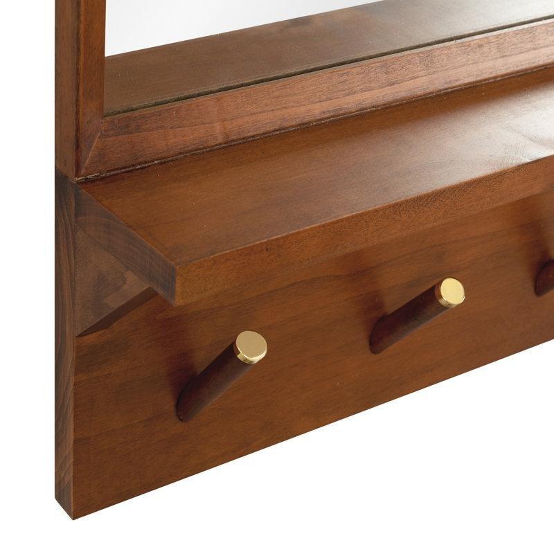 Doğal Ahşap Gold Detaylı Aynalı Askılı Duvar Rafı - 61x61 cm - 178899