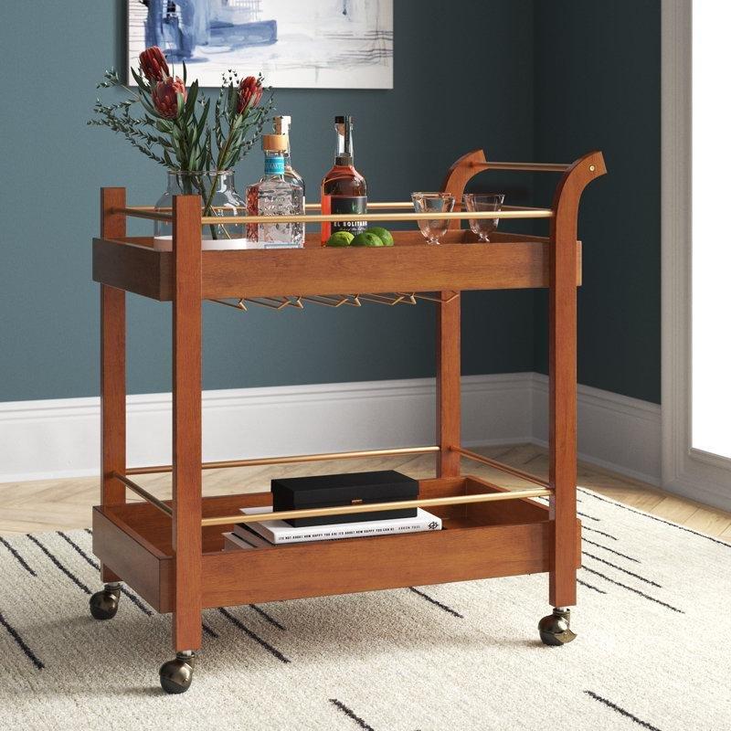Doğal Ahşap Kadeh Askılı Tekerlekli Servis Arabası - 79x52 cm - 178393