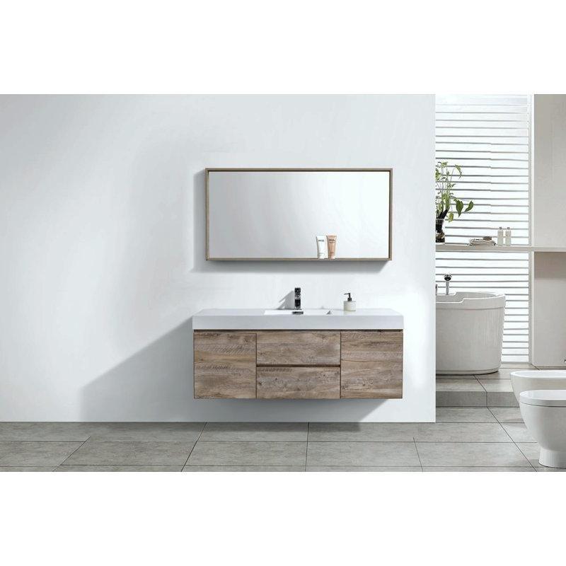 Doğal Ahşap Kaplama Akrilik Tezgahlı Duvara Monte Yavaş Kapanır Banyo Lavabo Dolabı - 150 cm - 200430