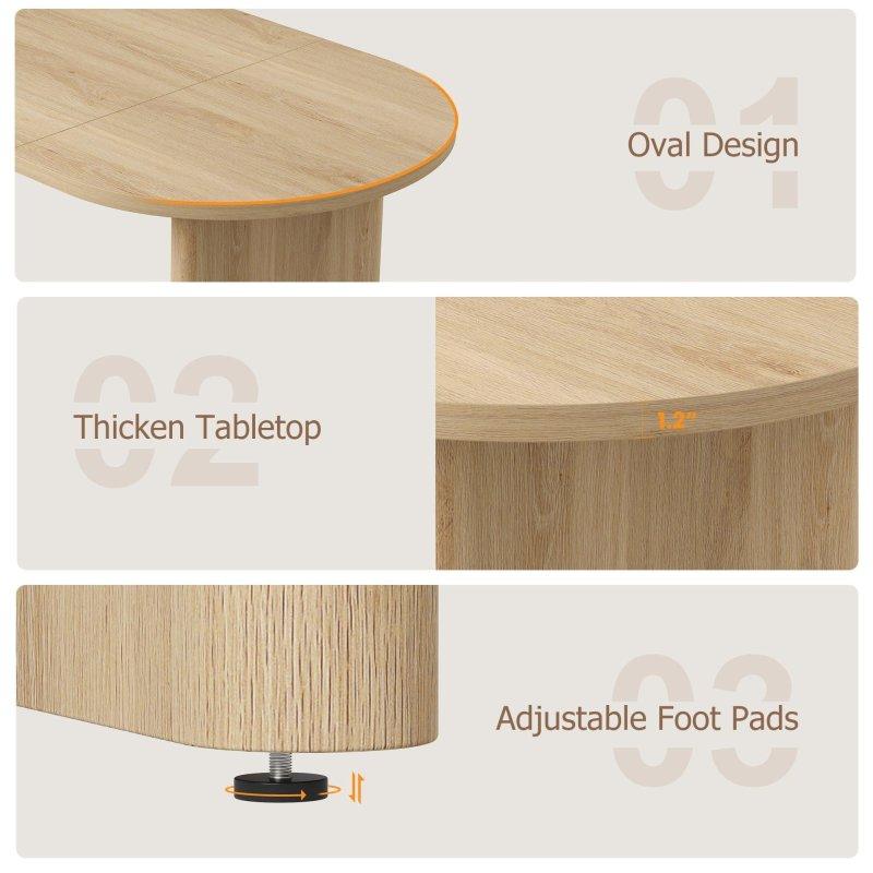 Doğal Ahşap Kaplama MDF Oval Kalın Ayaklı Bohem Yemek Masası - 180x90x76 cm - 237912