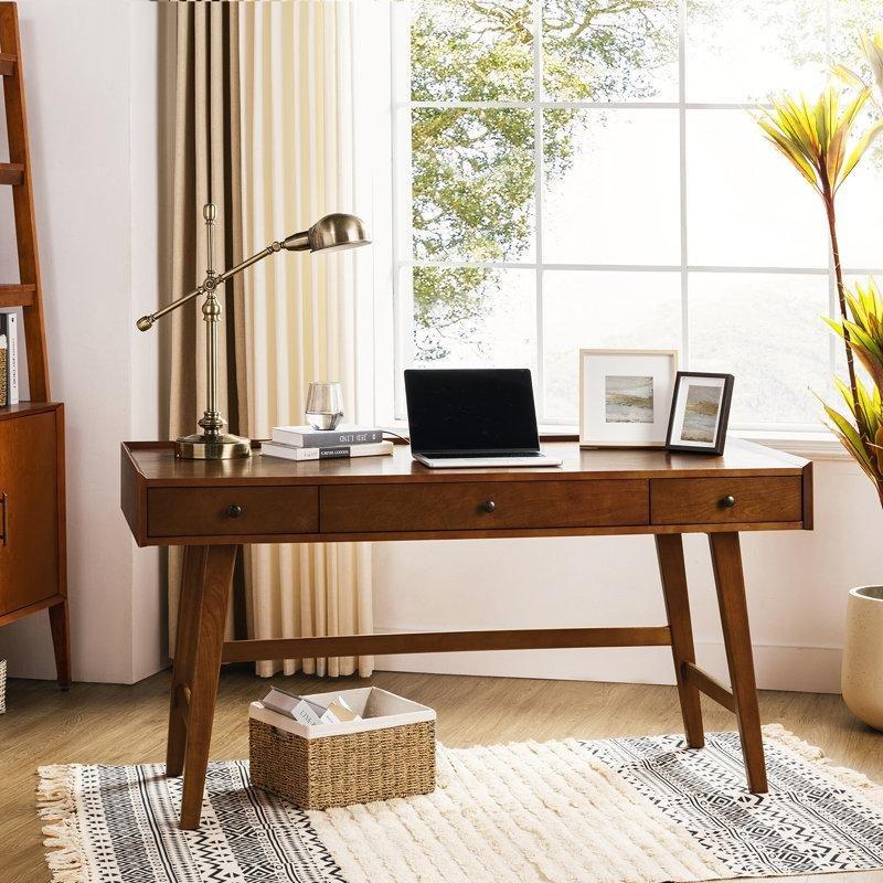 Doğal Ahşap Kauçuk Ağacı Prizli USB Portlu 3 Çekmeceli Vintage Çalışma Masası - 153 cm - 234554