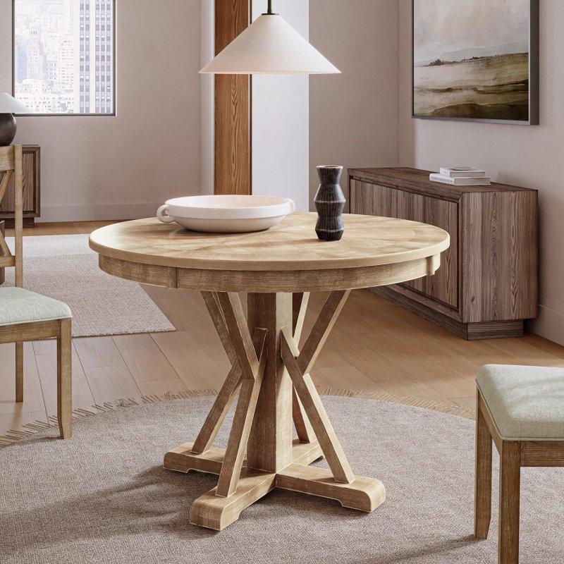 Doğal Ahşap Kauçuk Ağacı ve MDF Yuvarlak Çapraz Ayaklı Bohem Yemek Masası - 107 cm - 238056
