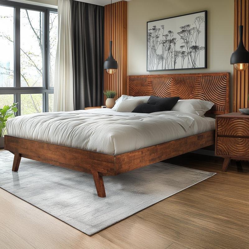 Doğal Ahşap Masif Kauçuk Ağacı Oymalı Başlıklı Platform Tipi Bohem Yatak Odası - 204x209 cm - 181745