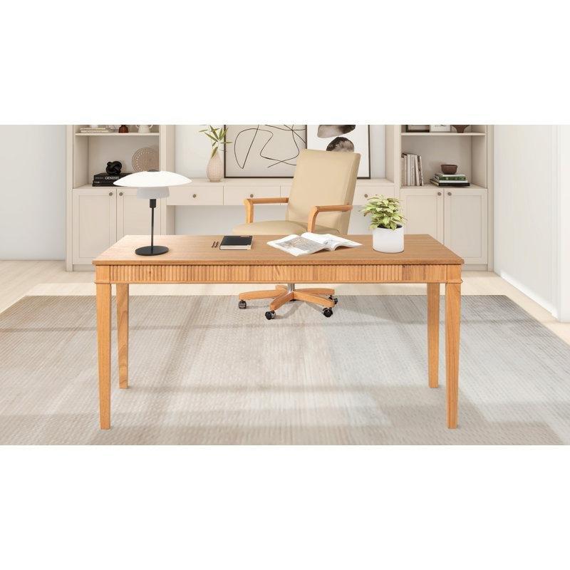 Doğal Ahşap Masif Kauçuk Ağacı Yivli Tasarımlı Tek Çekmeceli Vintage Çalışma Masası - 161x69 cm - 234680