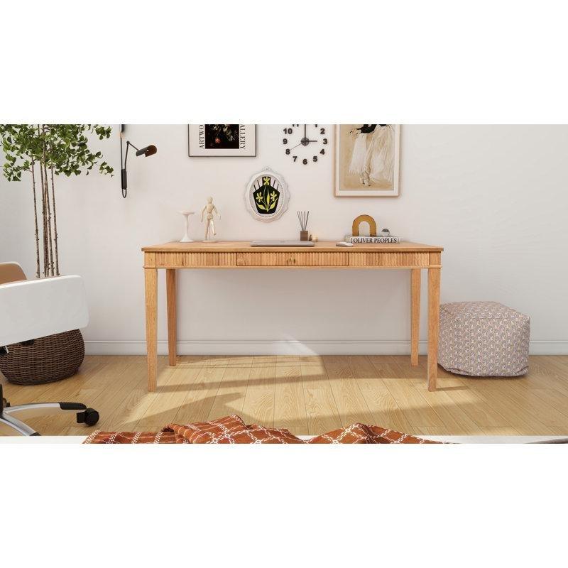 Doğal Ahşap Masif Kauçuk Ağacı Yivli Tasarımlı Tek Çekmeceli Vintage Çalışma Masası - 161x69 cm - 234680