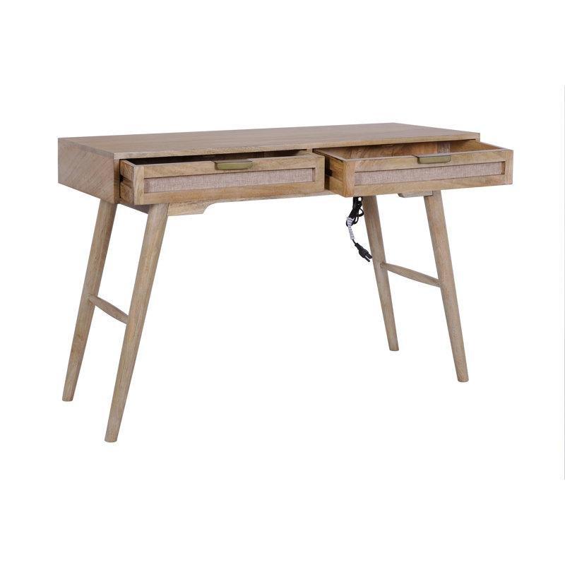 Doğal Ahşap Masif Mango Ağacı Keten Çekmeceli Dahili Prizli Vintage Çalışma Masası - 115 cm - 234333