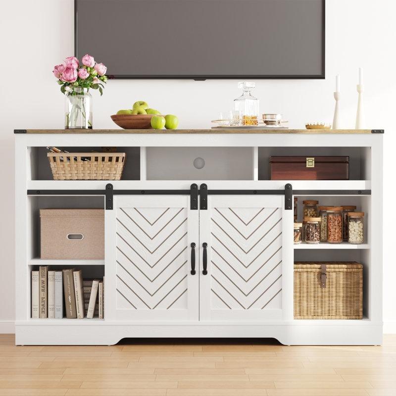 Doğal Ahşap Masif MDF Şömineli Sürgülü Kapaklı TV Ünitesi - 148 cm - 220371