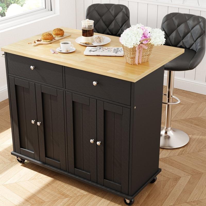 Doğal Ahşap Masif Tekerlekli Katlanabilir Çekmeceli Mutfak Adası - 101 cm - 176841