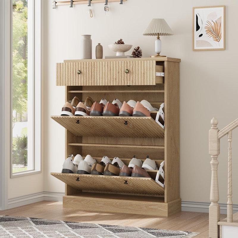Doğal Ahşap MDF 2 Düşer Kapaklı ve Çekmeceli Ayarlanabilir Raflı Ayakkabılık - 81x26x107 cm - 228539