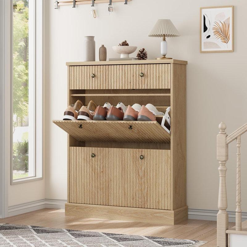Doğal Ahşap MDF 2 Düşer Kapaklı ve Çekmeceli Ayarlanabilir Raflı Ayakkabılık - 81x26x107 cm - 228539