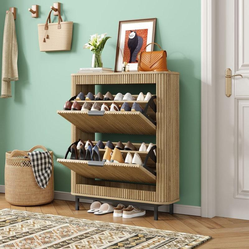 Doğal Ahşap MDF Düşer Kapaklı Dalgalı Yivli Ayakkabılık - 80x25x96 cm - 229880