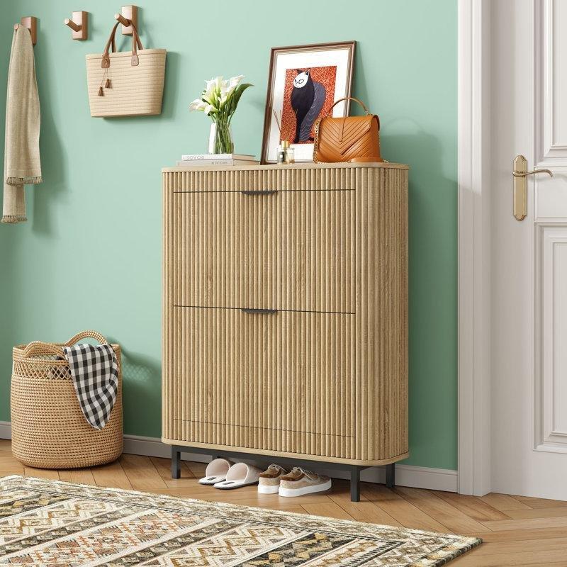 Doğal Ahşap MDF Düşer Kapaklı Dalgalı Yivli Ayakkabılık - 80x25x96 cm - 229880