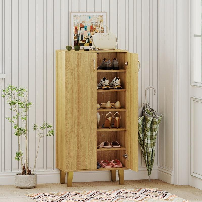 Doğal Ahşap MDF Kapaklı 6 Raflı Ayakkabılık Dolabı - 61x33x122 cm - 227769