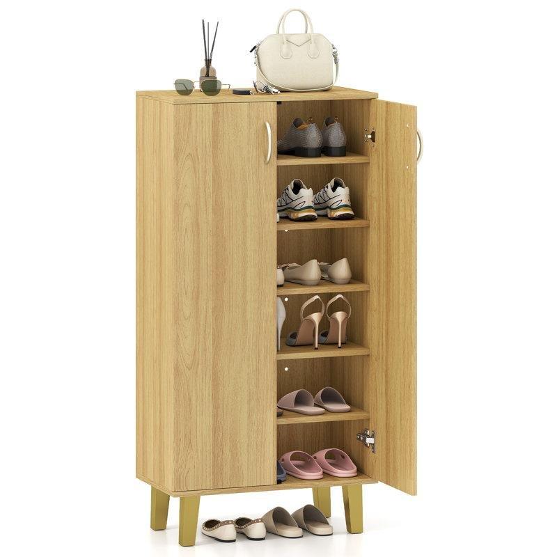 Doğal Ahşap MDF Kapaklı 6 Raflı Ayakkabılık Dolabı - 61x33x122 cm - 227769