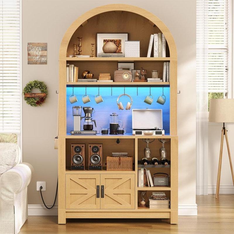 Doğal Ahşap Prizli ve LED Işıklı Kemerli Dolaplı Mutfak Rafı - 186 cm - 163909