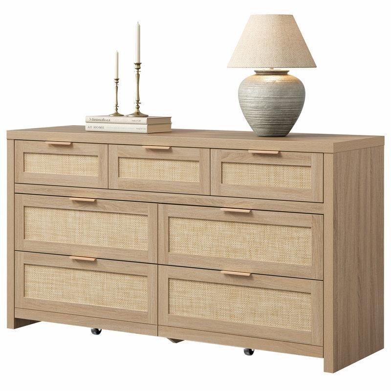 Doğal Ahşap Rattan 7 Çekmeceli Gold Kulplu Bohem Şifonyer - 145 cm - 182056