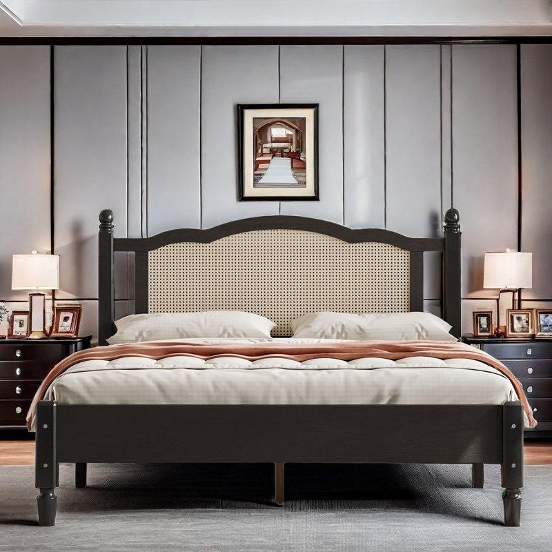 Doğal Ahşap Rattan Dalgalı Başlıklı Bohem Platform Karyola - 160x204 cm - 181760