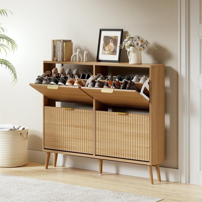 Doğal Ahşap Rattan Detaylı Düşer Kapaklı Ayakkabılık - 120x21x100 cm - 227210