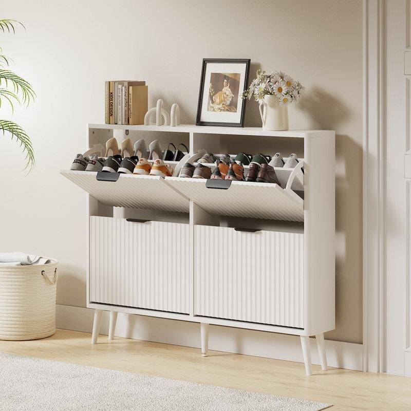 Doğal Ahşap Rattan Detaylı Düşer Kapaklı Ayakkabılık - 120x21x100 cm - 227210