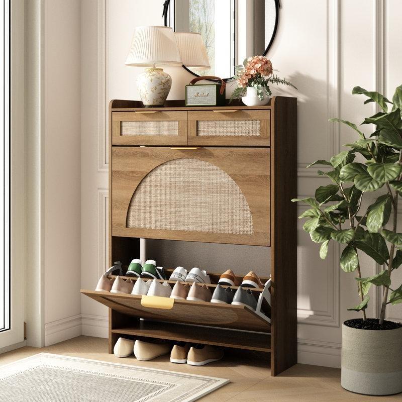 Doğal Ahşap Rattan Düşer Kapaklı ve Çekmeceli MDF Ayakkabılık - 81x24x113 cm - 230045