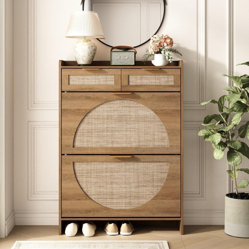 Doğal Ahşap Rattan Düşer Kapaklı ve Çekmeceli MDF Ayakkabılık - 81x24x113 cm - 230045
