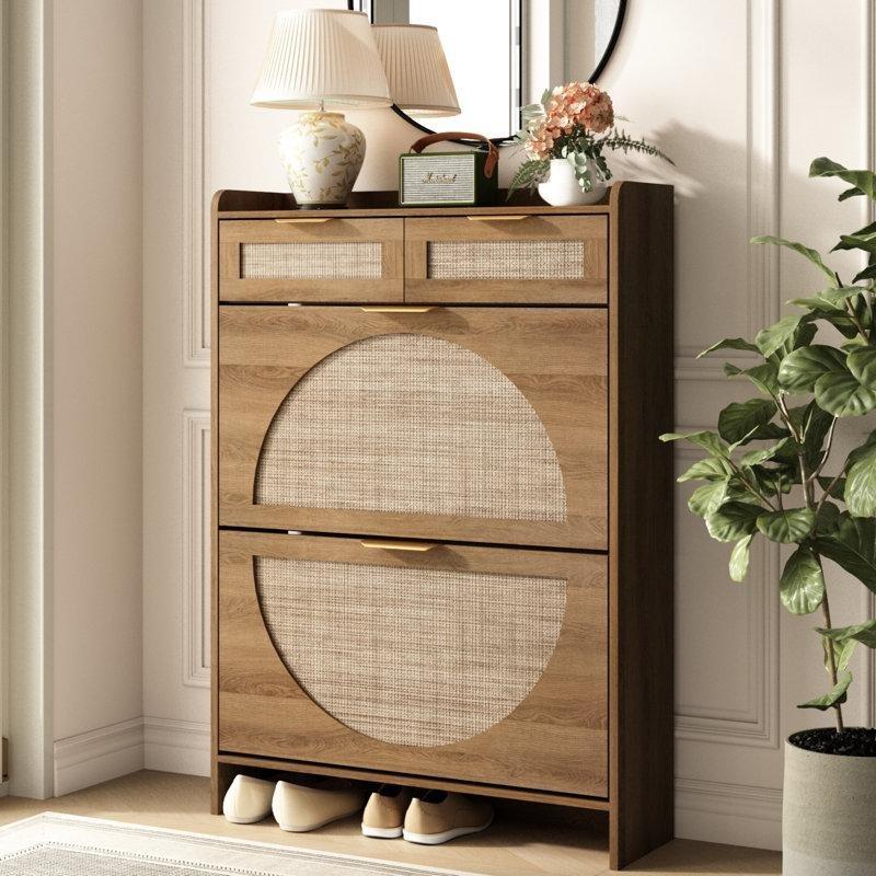 Doğal Ahşap Rattan Düşer Kapaklı ve Çekmeceli MDF Ayakkabılık - 81x24x113 cm - 230045